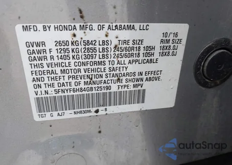 2016 Honda Pilot Ex-L from USA, damaged, VIN 5FNYF6H84GB125190